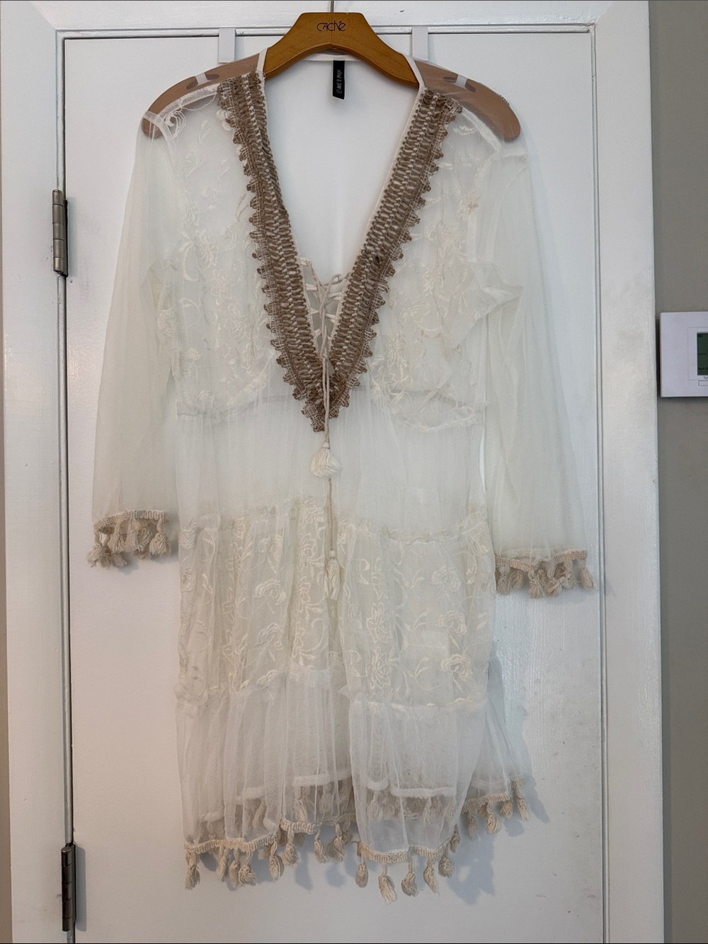 Sheer Ivory Tassel Swim Coverup with Taupe Trim